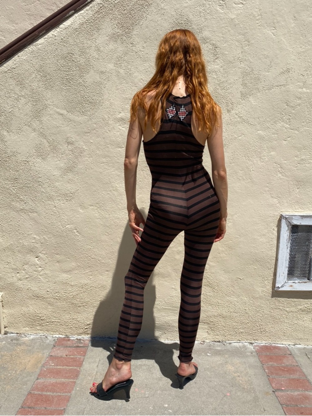 Vintage Jean Paul Gaultier Black and Brown Striped Sheer Racerback Jumpsuit